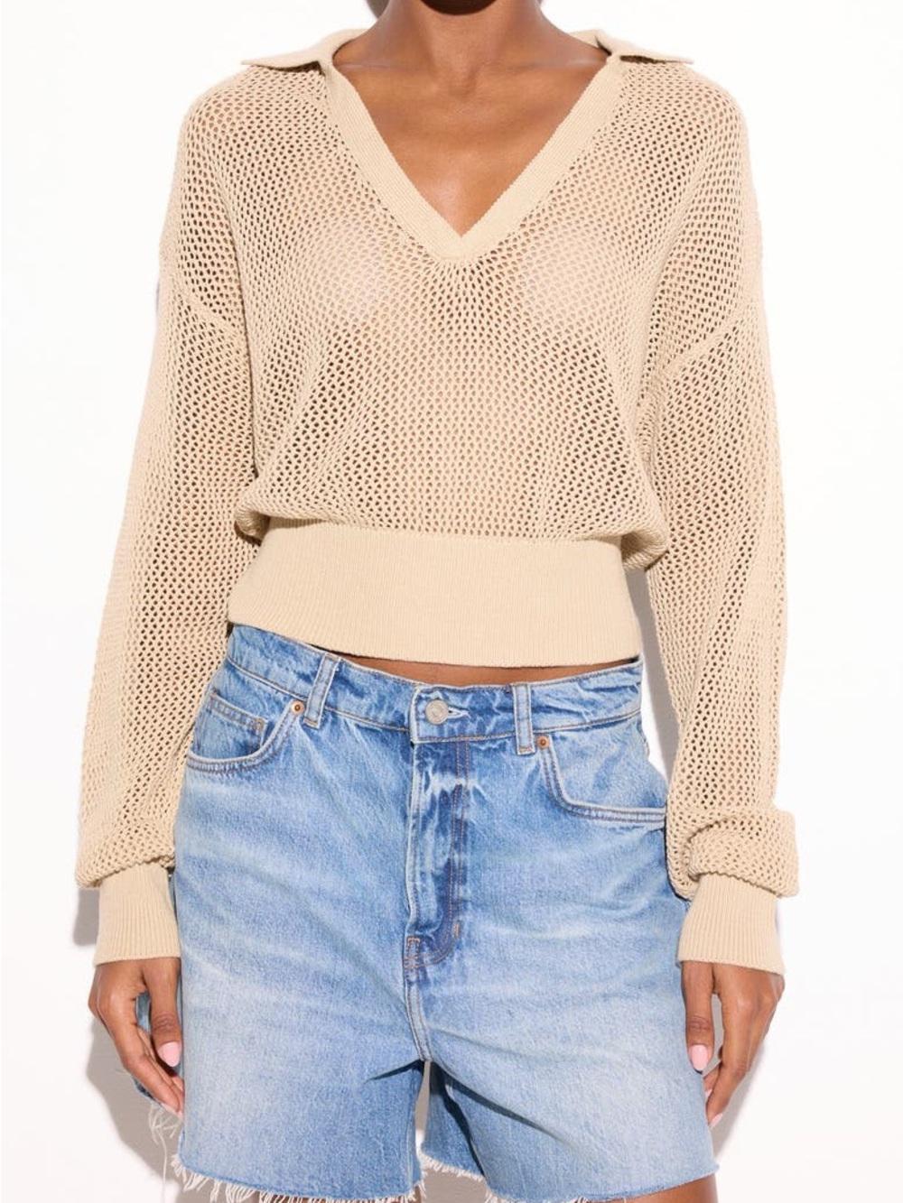 Spiritual Gangster Beige Open-Knit V-Neck Sweater + Maxi Skirt Set (small)
